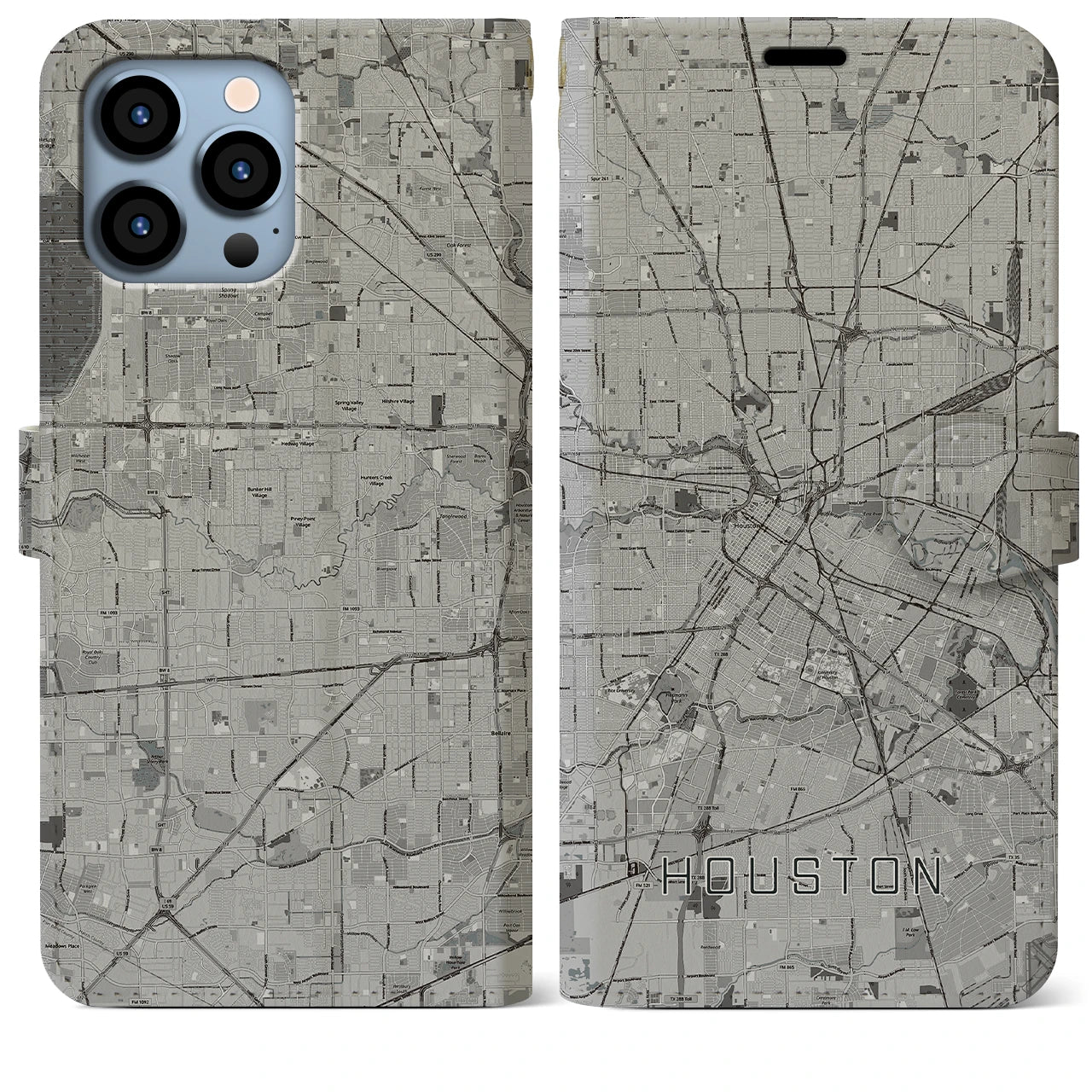 【ヒューストン（アメリカ）】地図柄iPhoneケース（手帳タイプ）モノトーン・iPhone 13 Pro Max 用