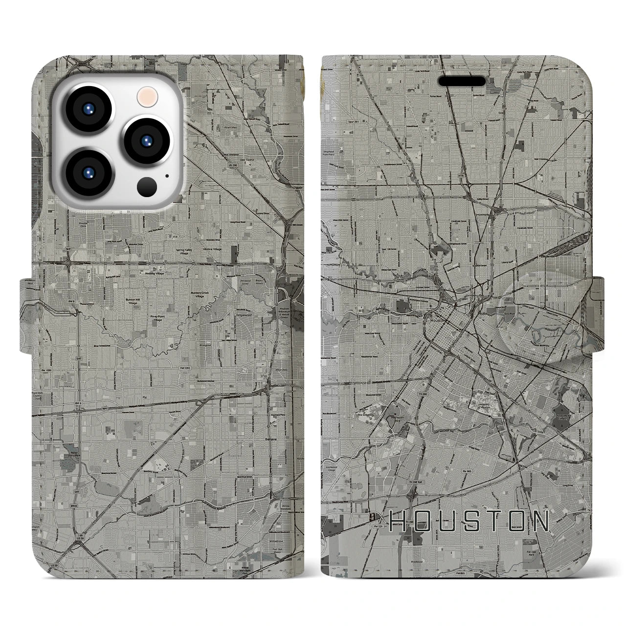 【ヒューストン】地図柄iPhoneケース（手帳両面タイプ・モノトーン）iPhone 13 Pro 用