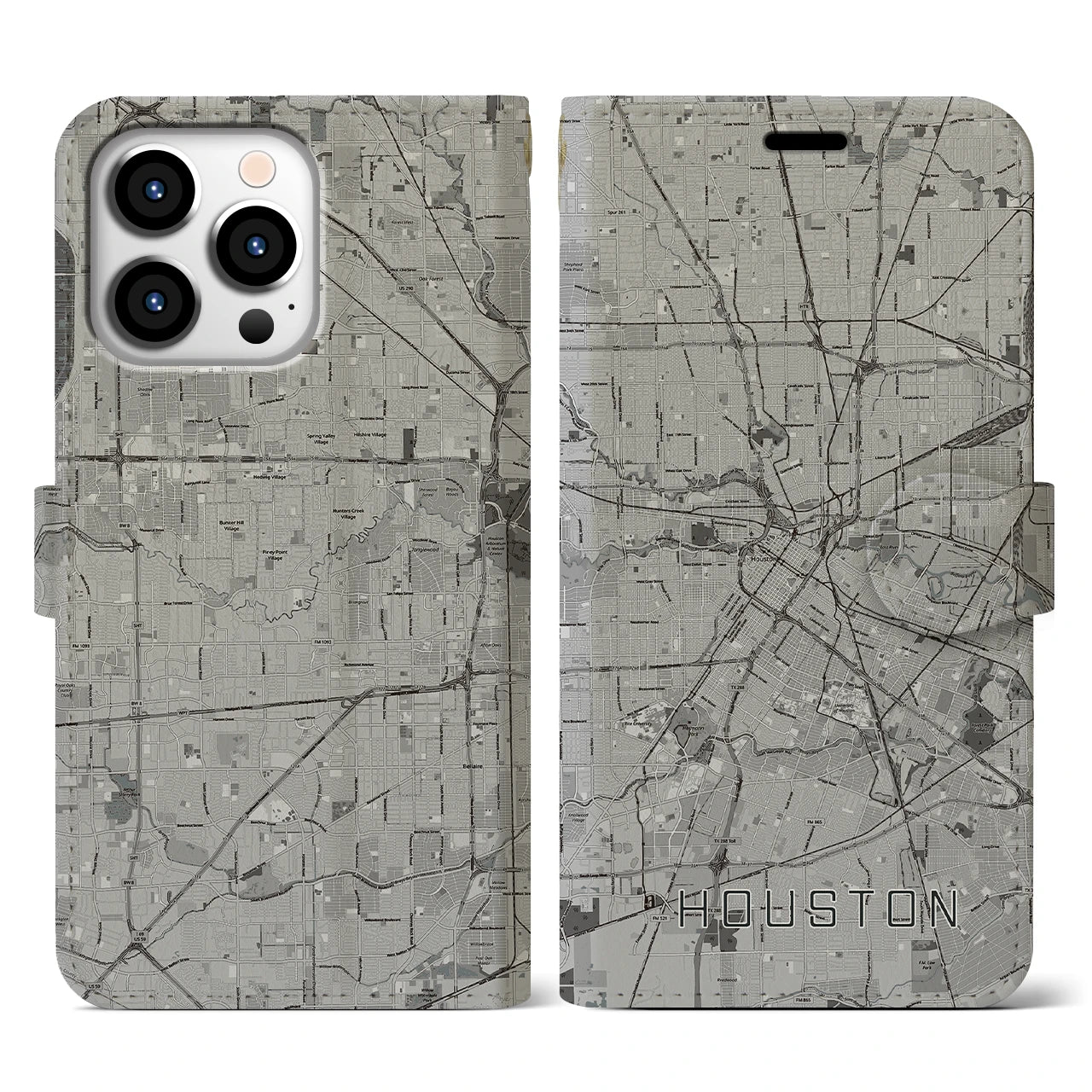 【ヒューストン（アメリカ）】地図柄iPhoneケース（手帳タイプ）モノトーン・iPhone 13 Pro 用