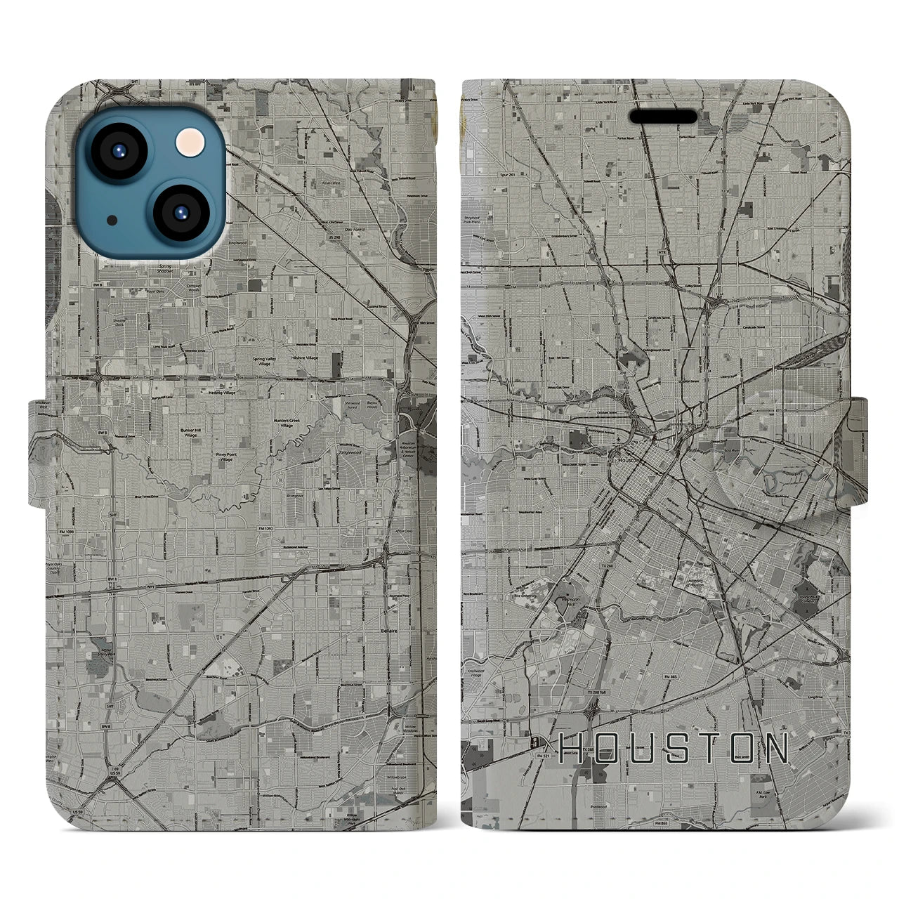 【ヒューストン（アメリカ）】地図柄iPhoneケース（手帳タイプ）モノトーン・iPhone 13 用