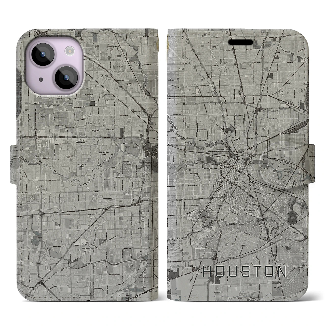 【ヒューストン】地図柄iPhoneケース（手帳両面タイプ・モノトーン）iPhone 14 用