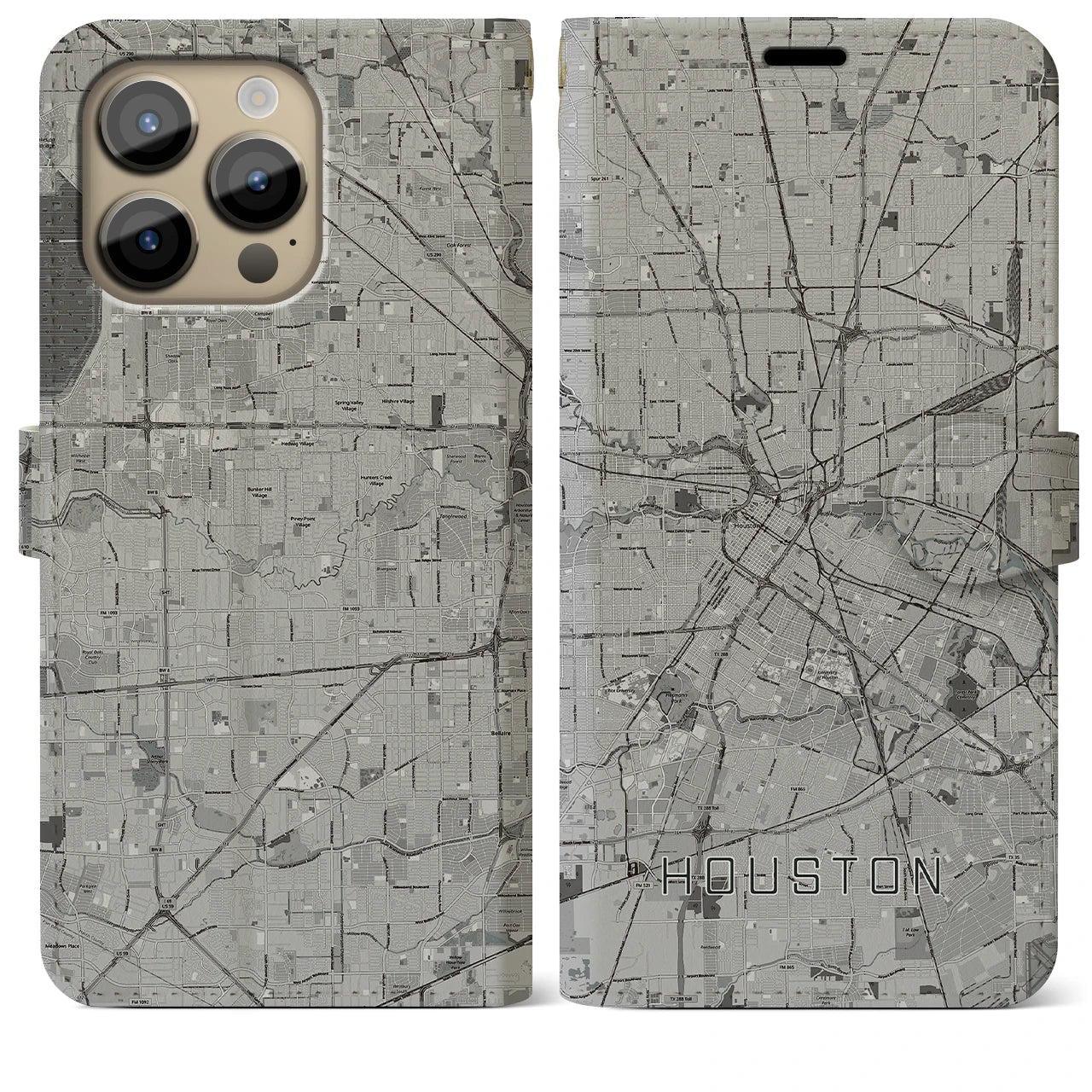 【ヒューストン】地図柄iPhoneケース（手帳両面タイプ・モノトーン）iPhone 14 Pro Max 用