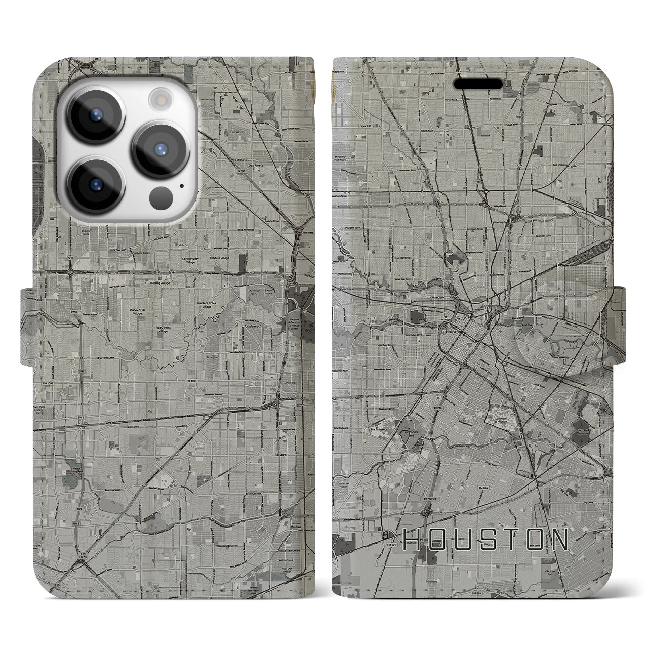 【ヒューストン】地図柄iPhoneケース（手帳両面タイプ・モノトーン）iPhone 14 Pro 用
