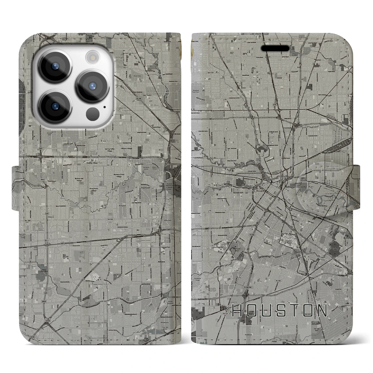 【ヒューストン（アメリカ）】地図柄iPhoneケース（手帳タイプ）モノトーン・iPhone 14 Pro 用