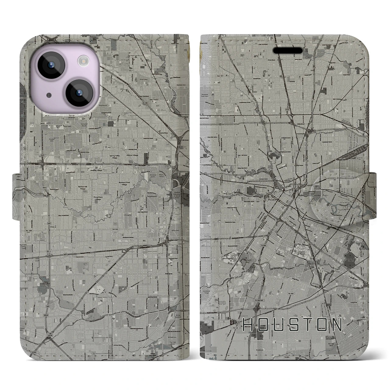 【ヒューストン（アメリカ）】地図柄iPhoneケース（手帳タイプ）モノトーン・iPhone 14 用