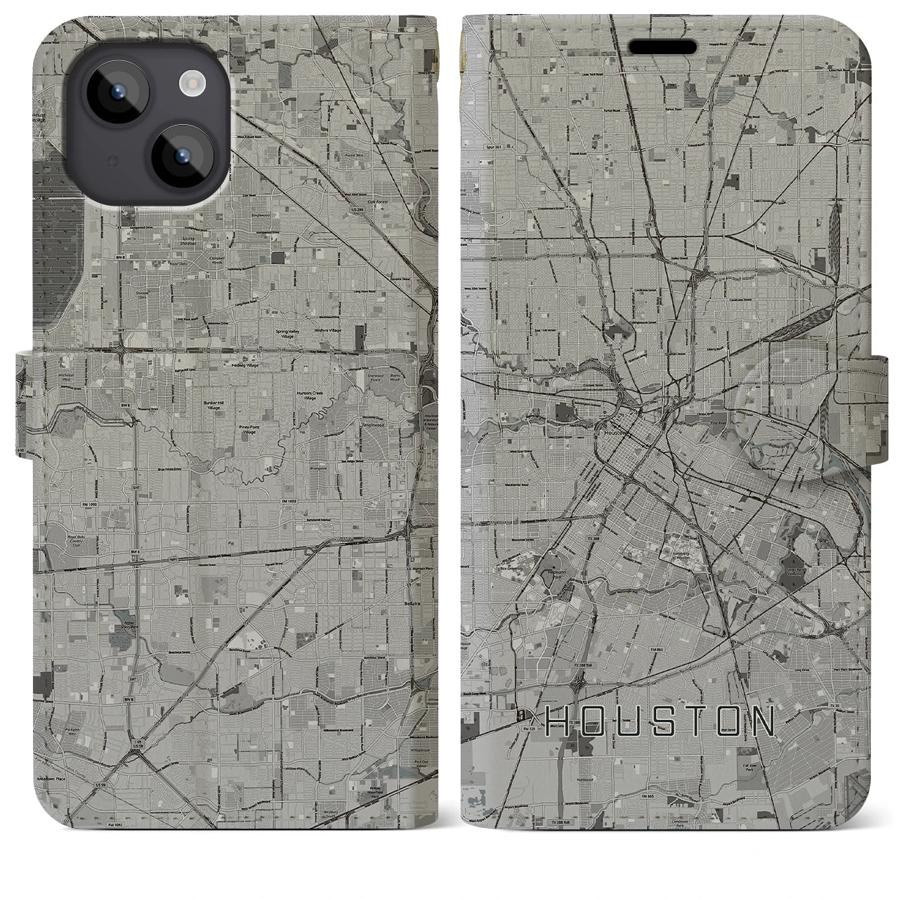 【ヒューストン（アメリカ）】地図柄iPhoneケース（手帳タイプ）モノトーン・iPhone 14 Plus 用