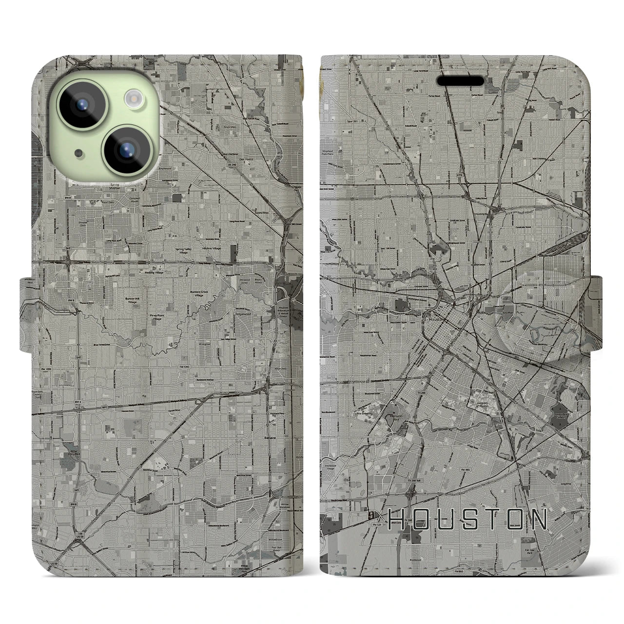 【ヒューストン】地図柄iPhoneケース（手帳両面タイプ・モノトーン）iPhone 15 用
