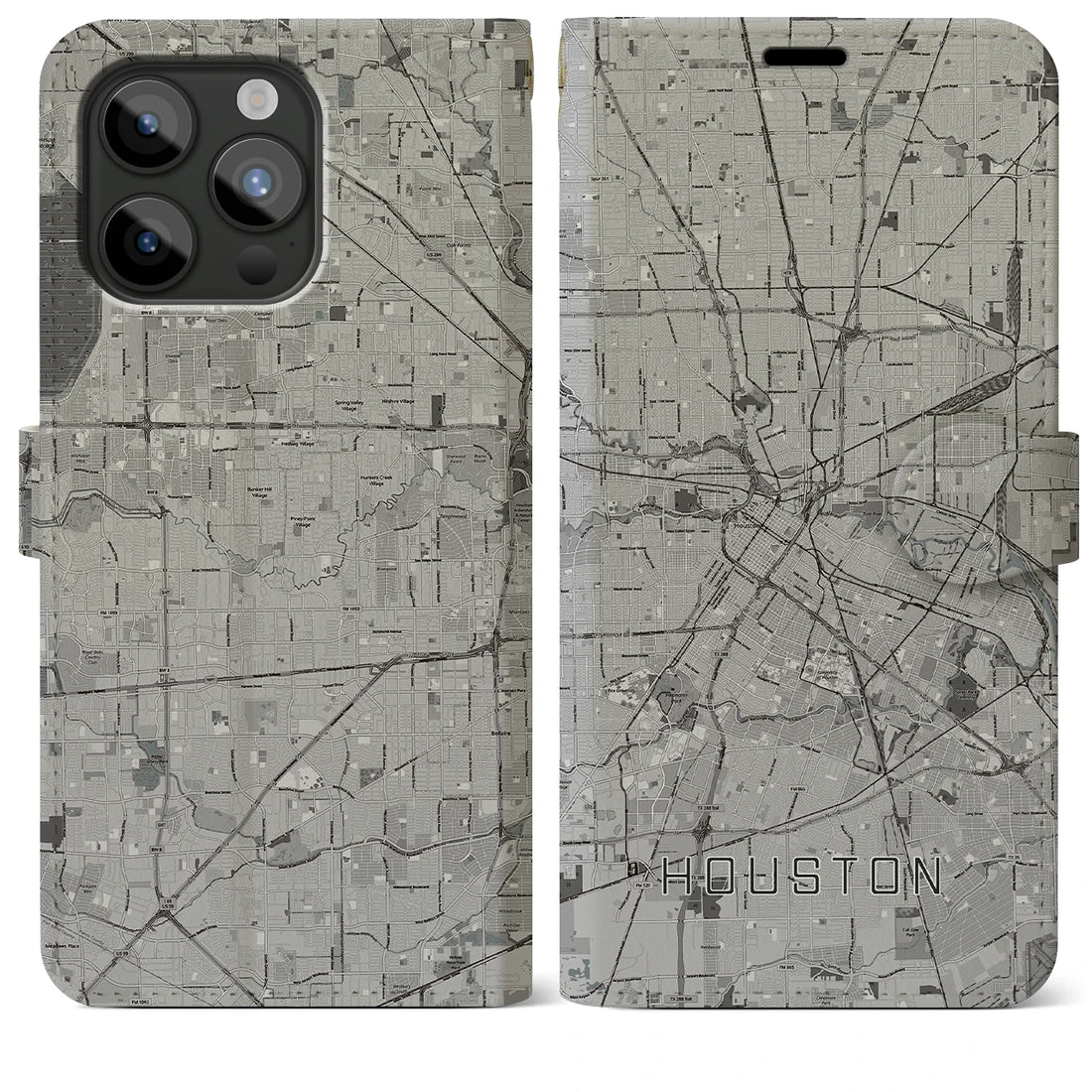 【ヒューストン】地図柄iPhoneケース（手帳両面タイプ・モノトーン）iPhone 15 Pro Max 用