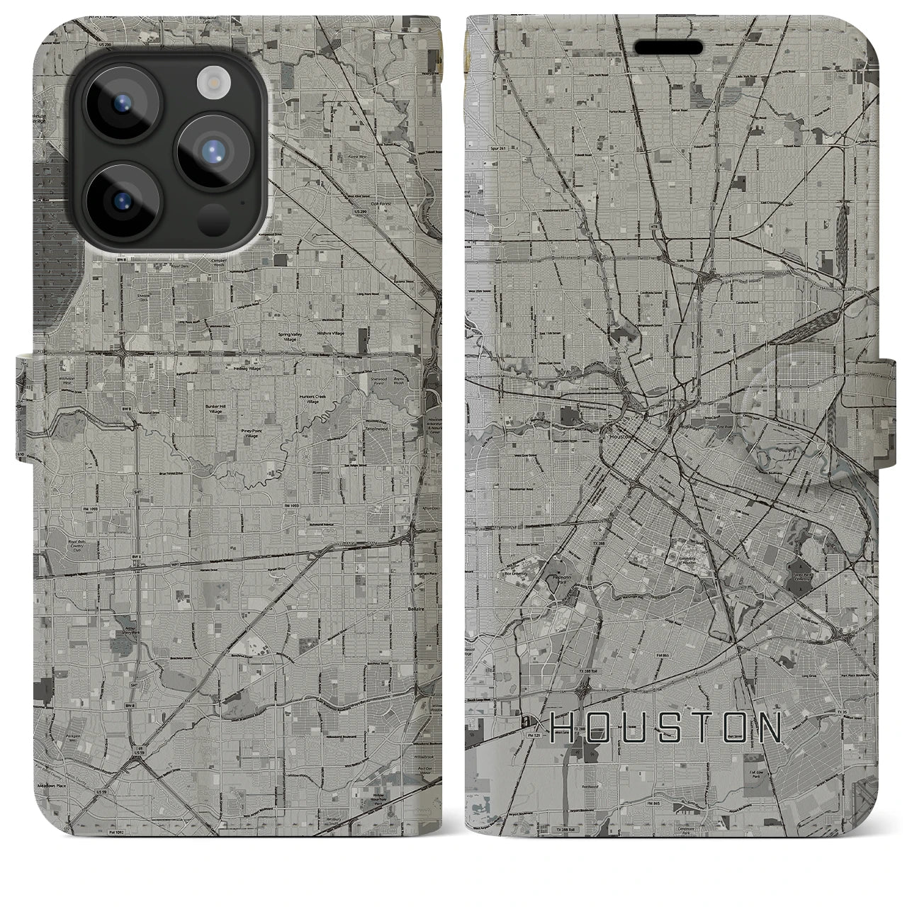 【ヒューストン（アメリカ）】地図柄iPhoneケース（手帳タイプ）モノトーン・iPhone 15 Pro Max 用