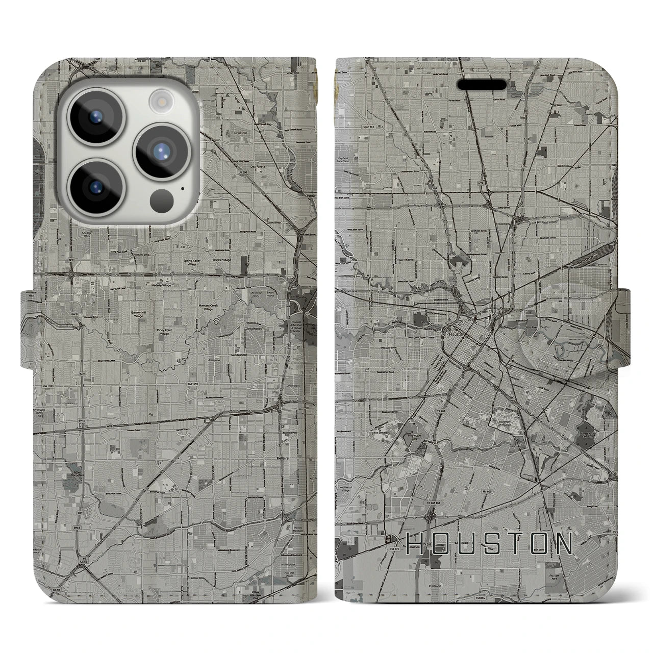 【ヒューストン】地図柄iPhoneケース（手帳両面タイプ・モノトーン）iPhone 15 Pro 用