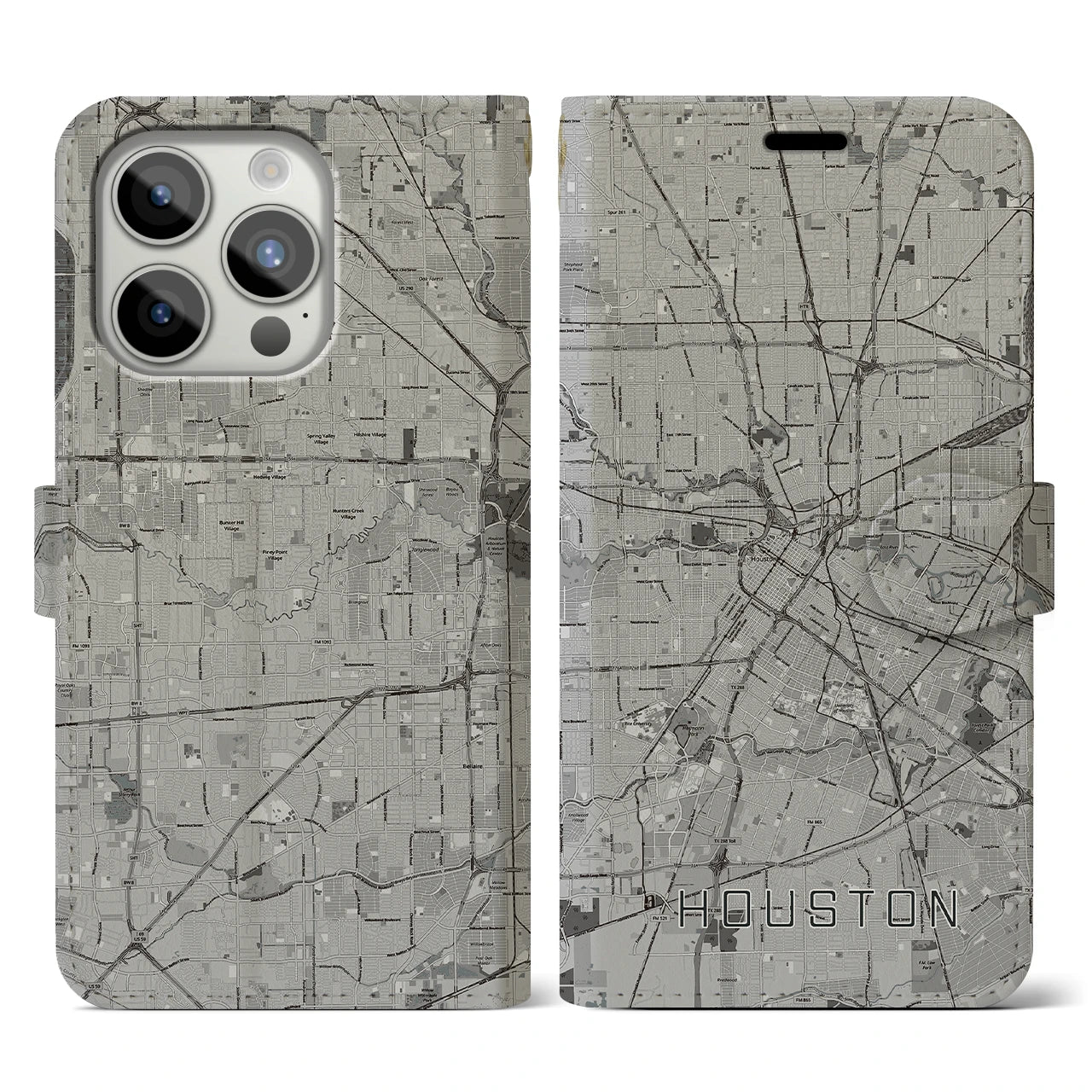 【ヒューストン（アメリカ）】地図柄iPhoneケース（手帳タイプ）モノトーン・iPhone 15 Pro 用