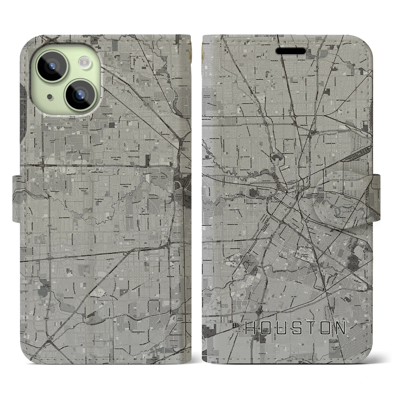 【ヒューストン（アメリカ）】地図柄iPhoneケース（手帳タイプ）モノトーン・iPhone 15 用