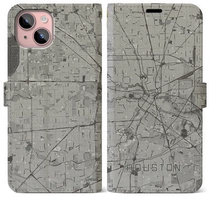 【ヒューストン（アメリカ）】地図柄iPhoneケース（手帳タイプ）モノトーン・iPhone 15 Plus 用