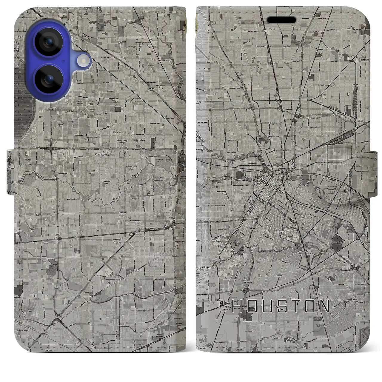 【ヒューストン（アメリカ）】地図柄iPhoneケース（手帳タイプ）モノトーン・iPhone 16 Pro Max 用