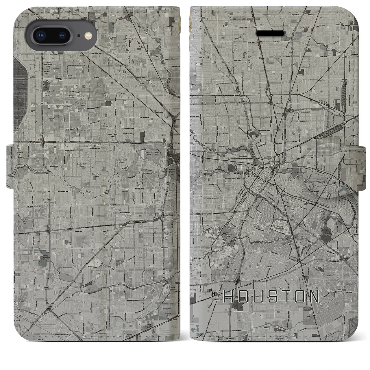 【ヒューストン】地図柄iPhoneケース（手帳両面タイプ・モノトーン）iPhone 8Plus /7Plus / 6sPlus / 6Plus 用