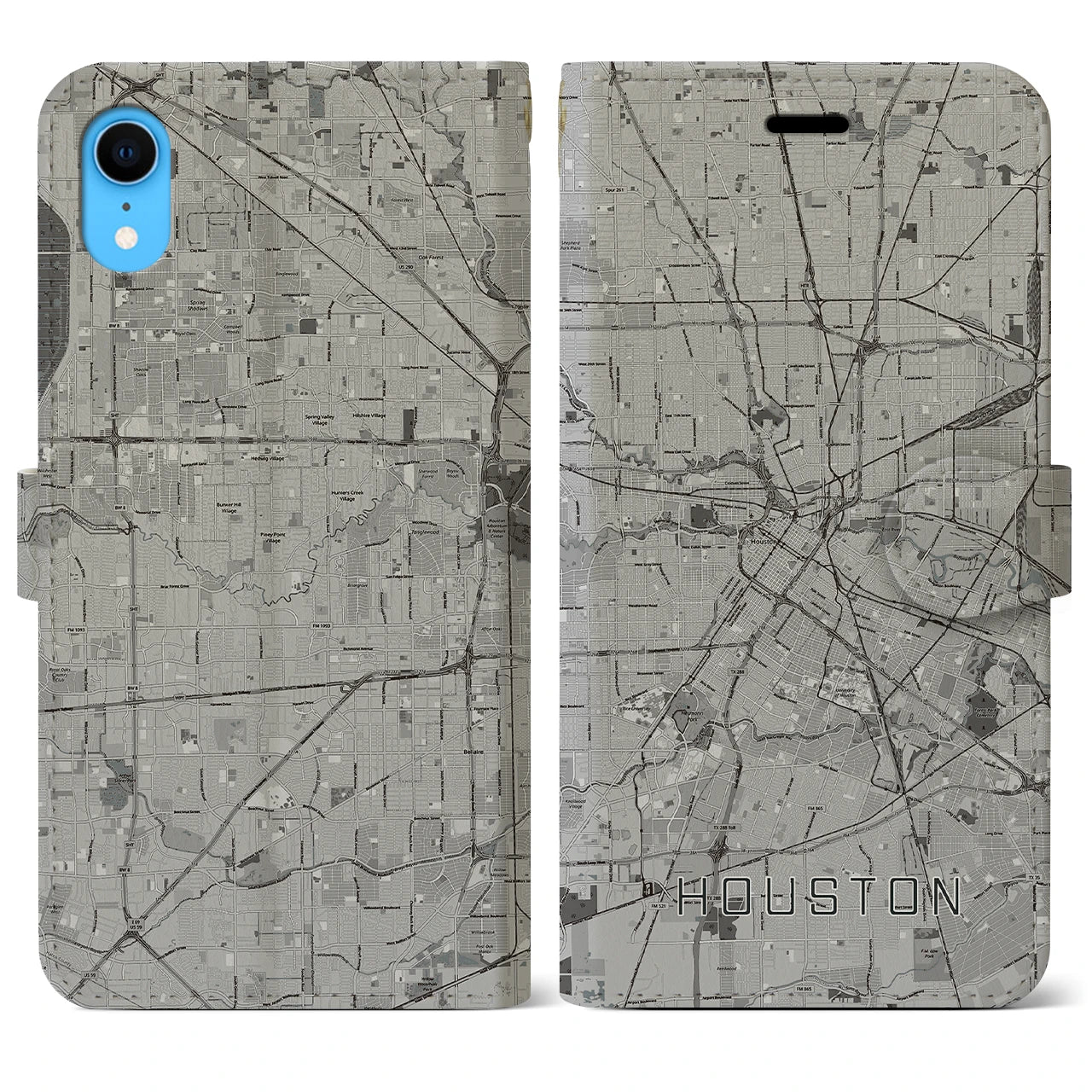 【ヒューストン】地図柄iPhoneケース（手帳両面タイプ・モノトーン）iPhone XR 用