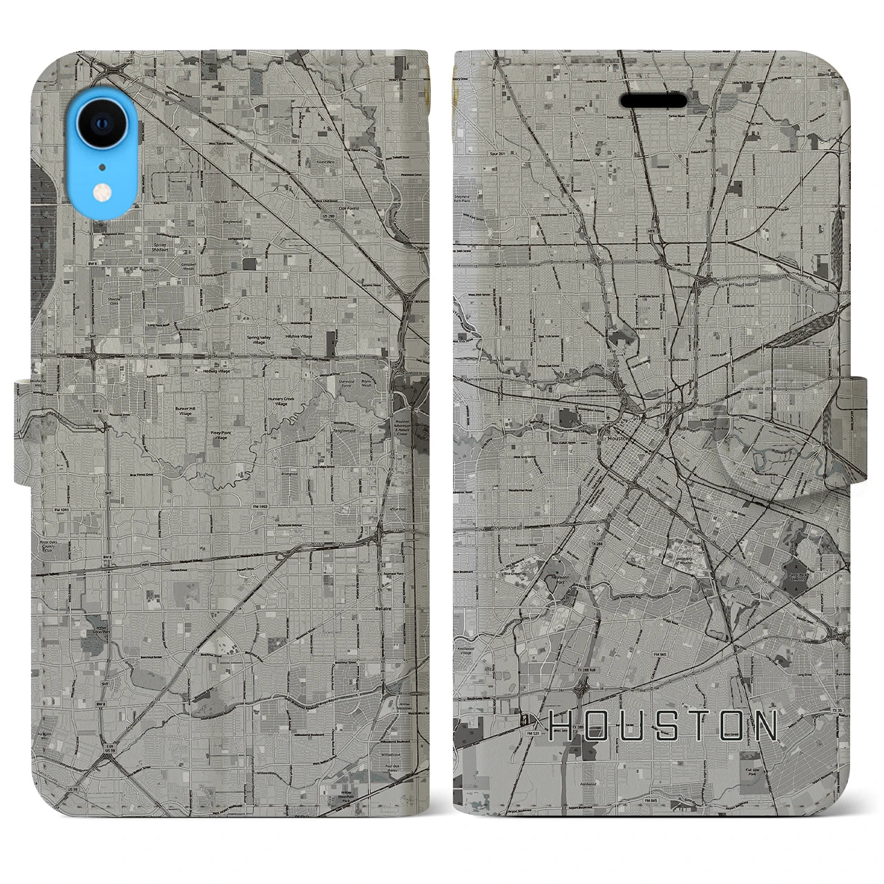 【ヒューストン（アメリカ）】地図柄iPhoneケース（手帳タイプ）モノトーン・iPhone XR 用
