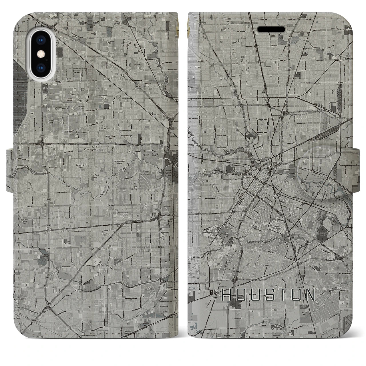 【ヒューストン】地図柄iPhoneケース（手帳両面タイプ・モノトーン）iPhone XS Max 用