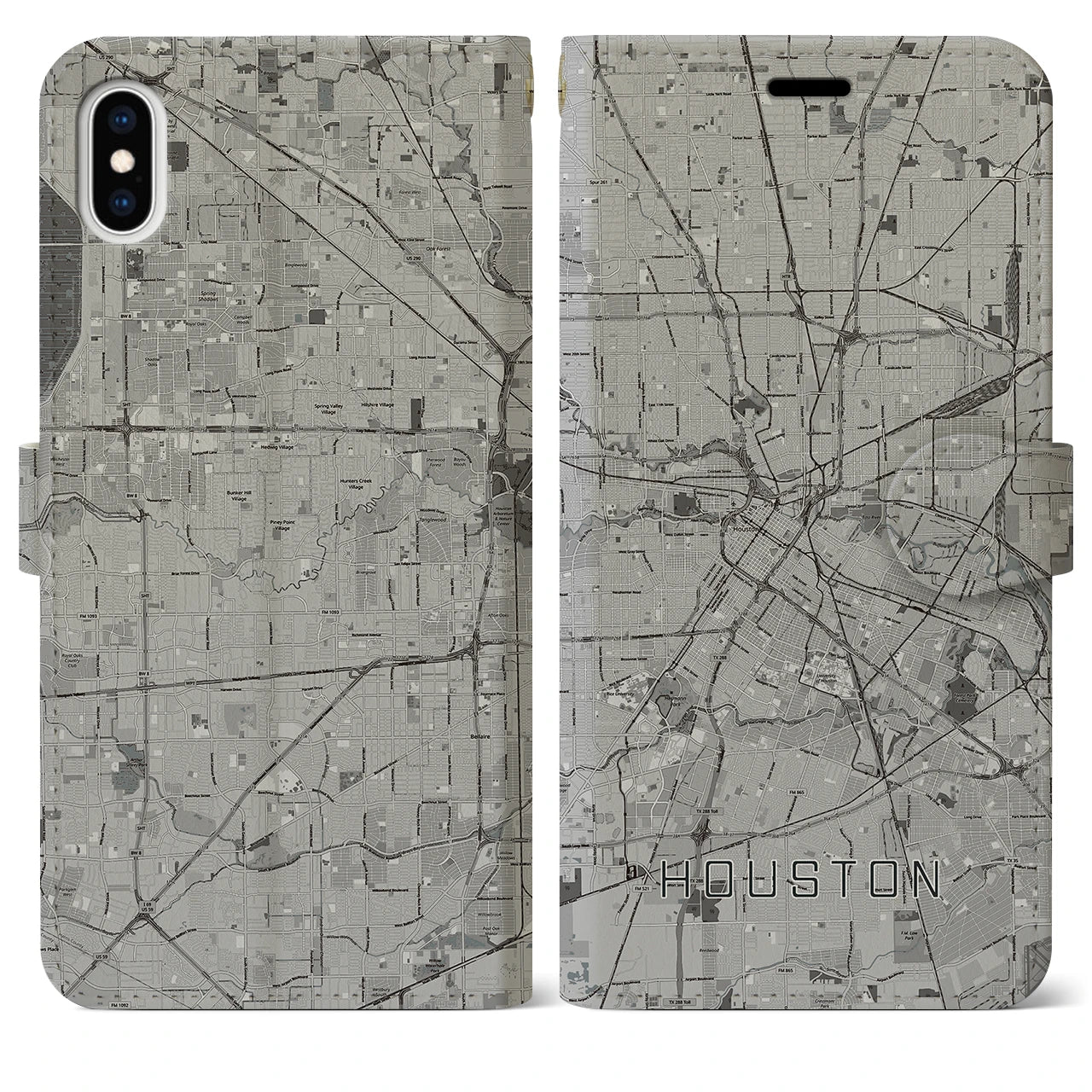 【ヒューストン（アメリカ）】地図柄iPhoneケース（手帳タイプ）モノトーン・iPhone XS Max 用