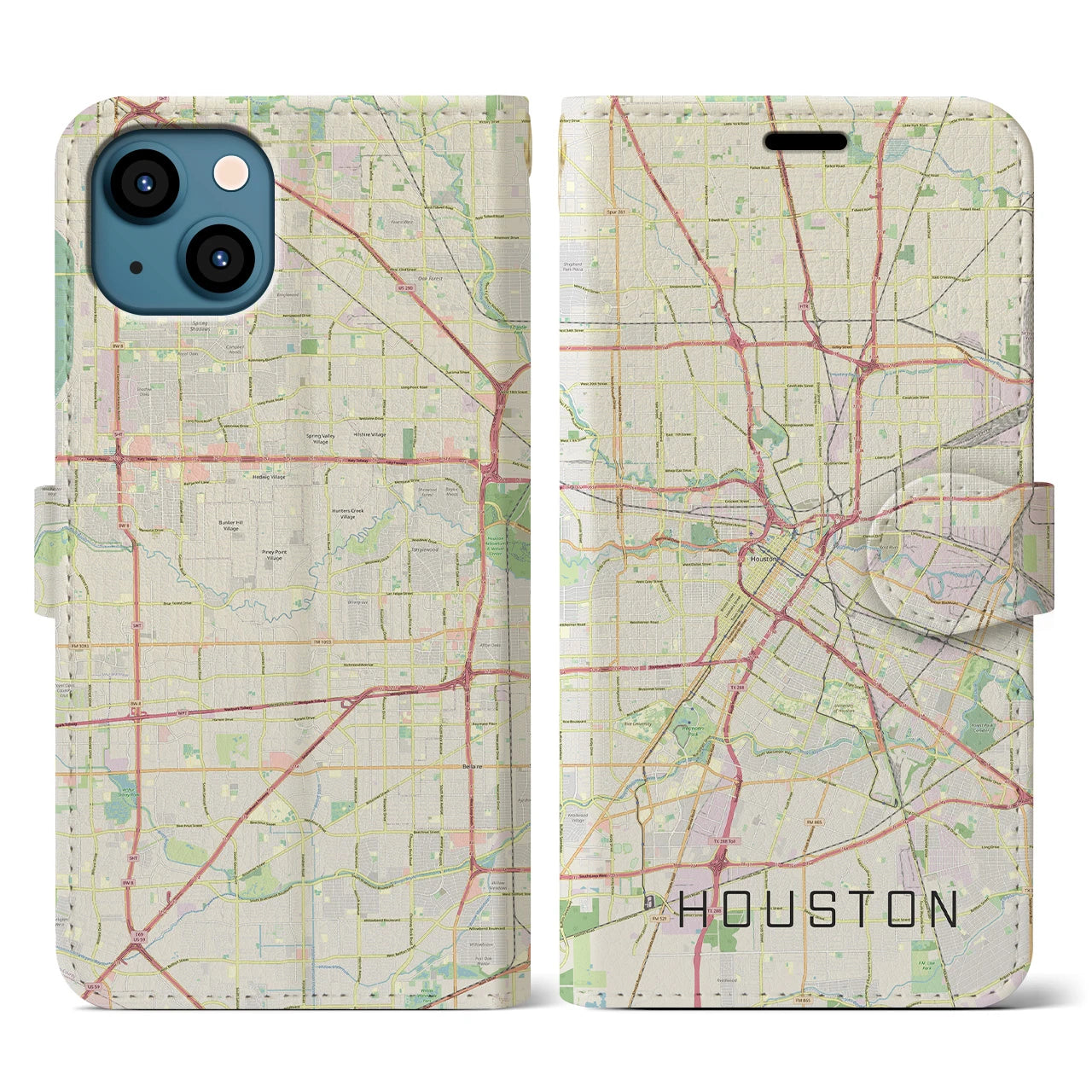 【ヒューストン（アメリカ）】地図柄iPhoneケース（手帳タイプ）ナチュラル・iPhone 13 用