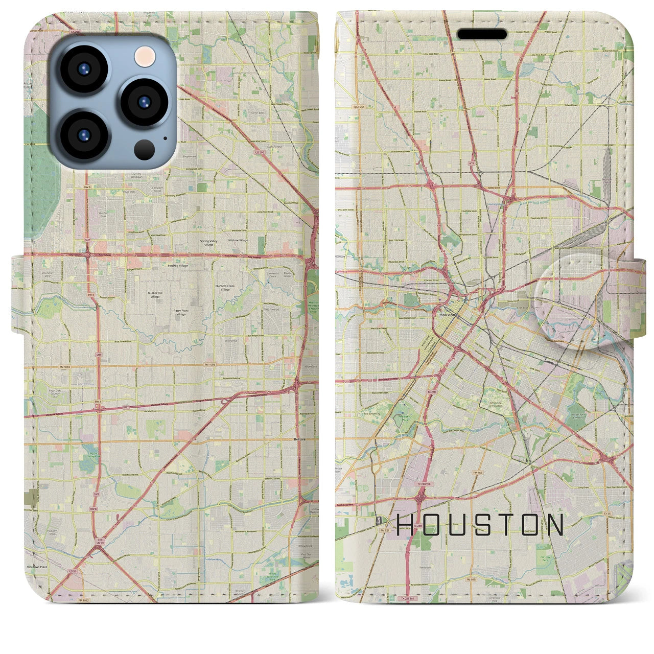 【ヒューストン（アメリカ）】地図柄iPhoneケース（手帳タイプ）ナチュラル・iPhone 13 Pro Max 用