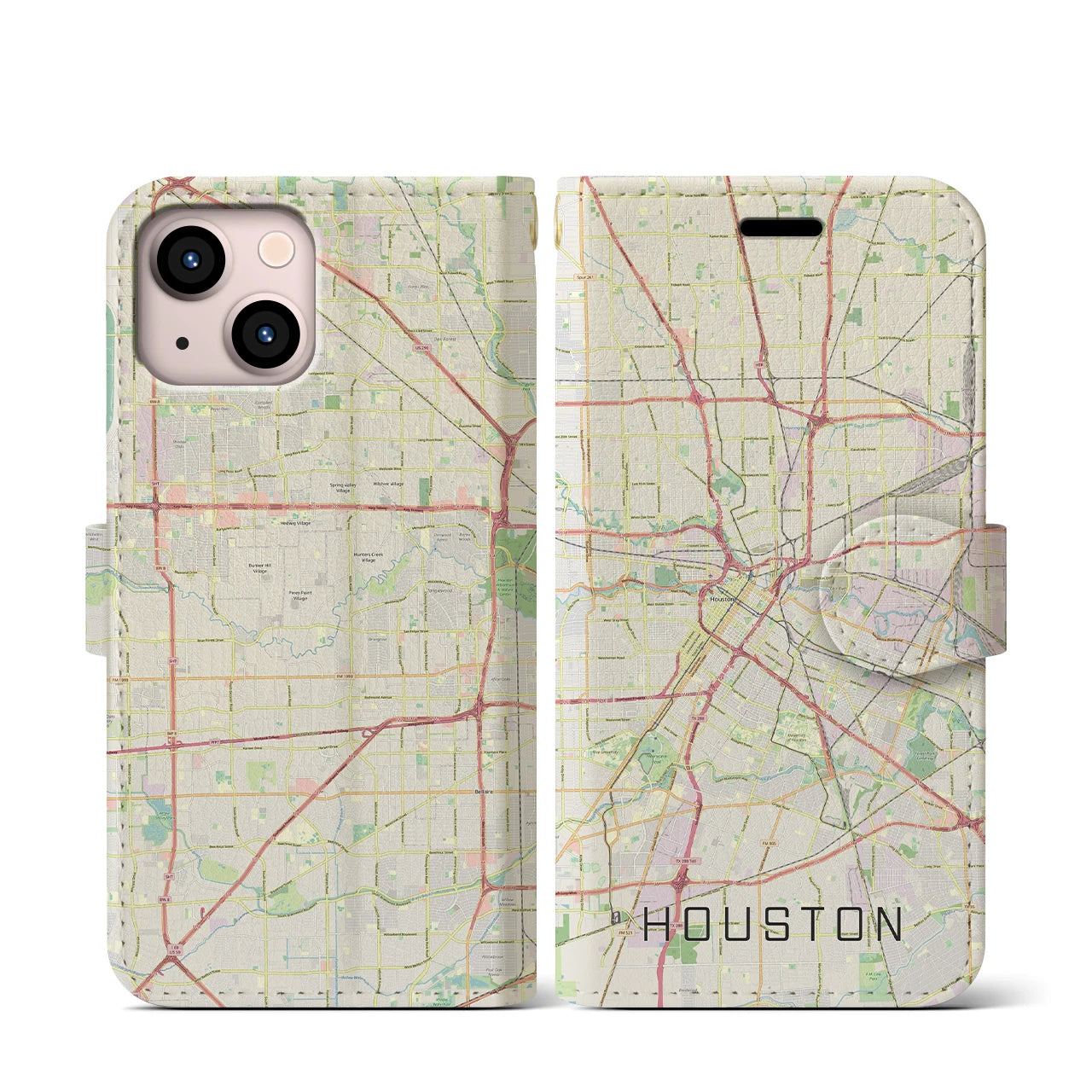 【ヒューストン（アメリカ）】地図柄iPhoneケース（手帳タイプ）ナチュラル・iPhone 13 mini 用