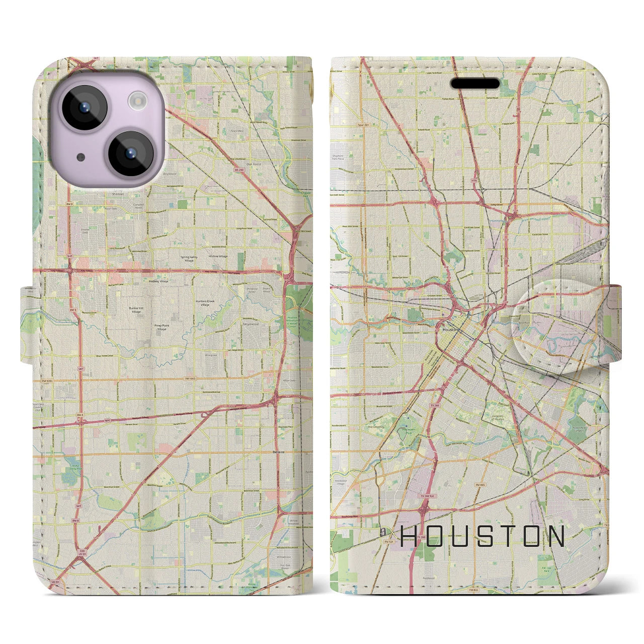【ヒューストン（アメリカ）】地図柄iPhoneケース（手帳タイプ）ナチュラル・iPhone 14 用
