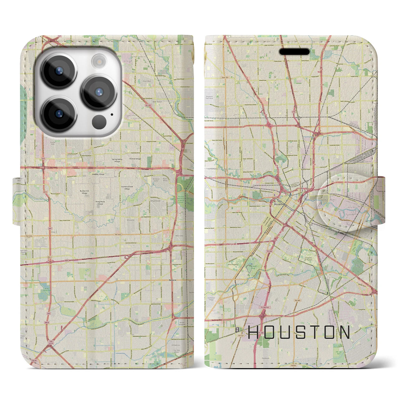 【ヒューストン（アメリカ）】地図柄iPhoneケース（手帳タイプ）ナチュラル・iPhone 14 Pro 用