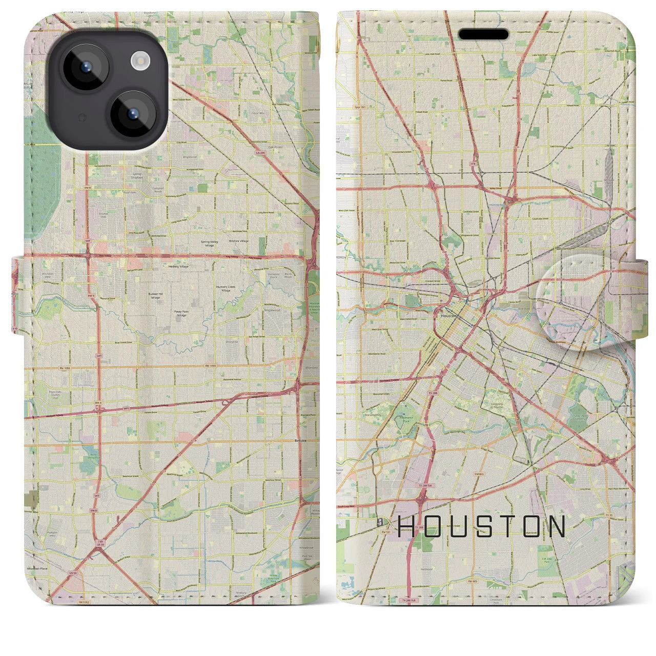 【ヒューストン（アメリカ）】地図柄iPhoneケース（手帳タイプ）ナチュラル・iPhone 14 Plus 用