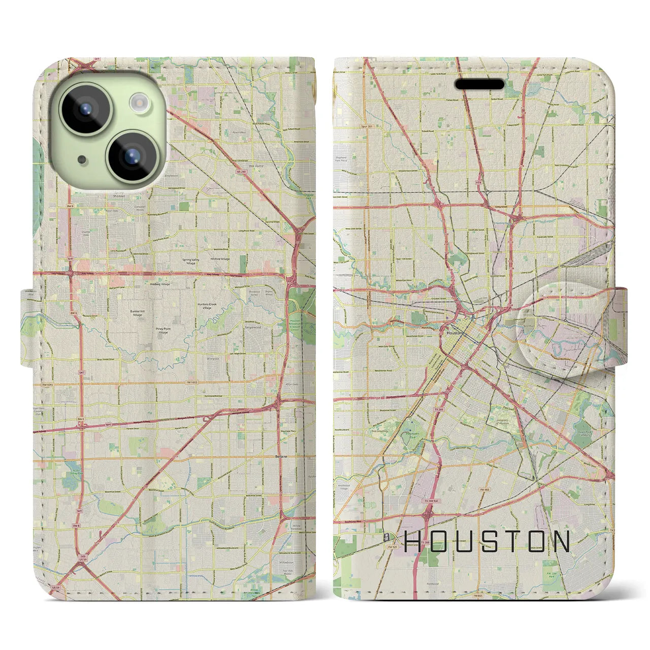 【ヒューストン（アメリカ）】地図柄iPhoneケース（手帳タイプ）ナチュラル・iPhone 15 用