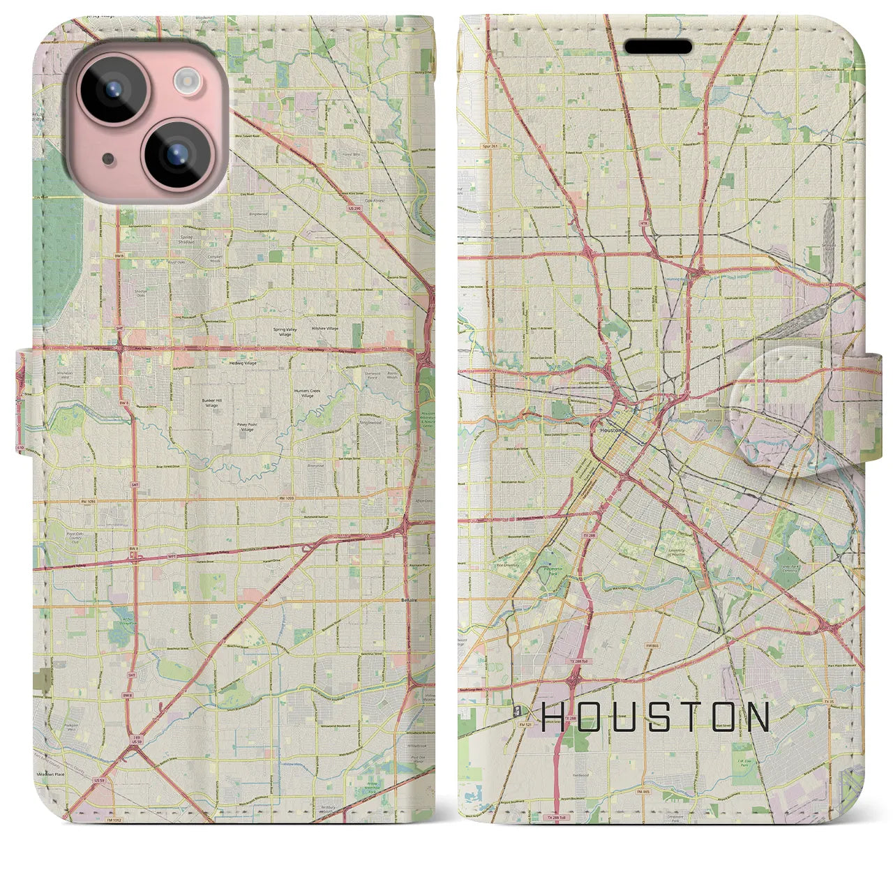 【ヒューストン（アメリカ）】地図柄iPhoneケース（手帳タイプ）ナチュラル・iPhone 15 Plus 用