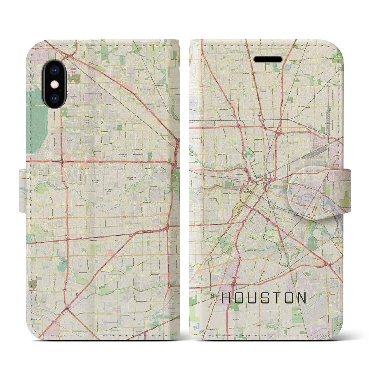 【ヒューストン（アメリカ）】地図柄iPhoneケース（手帳タイプ）ナチュラル・iPhone XS / X 用