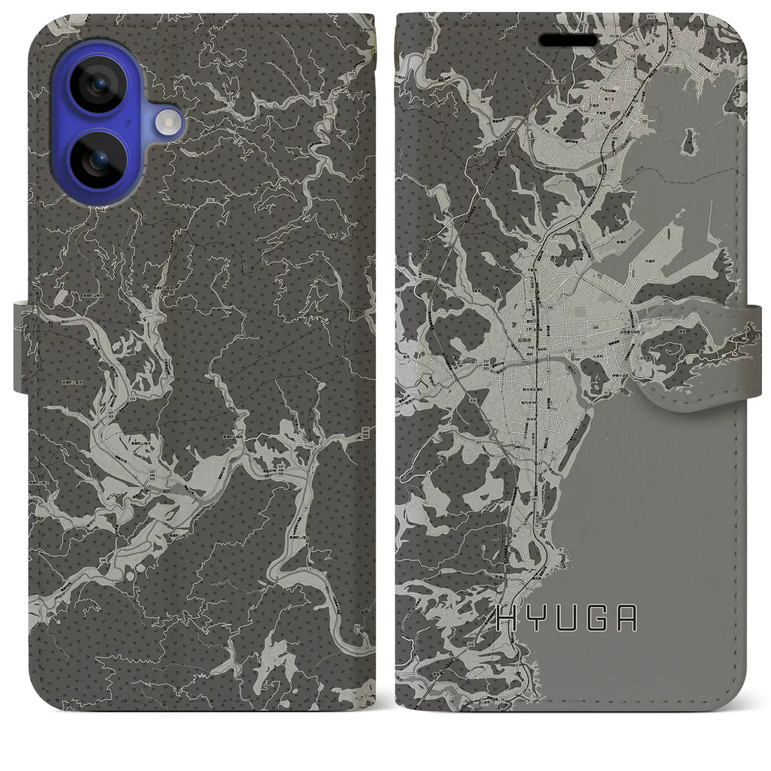 【日向(宮崎県)】地図柄iPhoneケース(手帳タイプ)モノトーン・iPhone 16 Pro Max 用