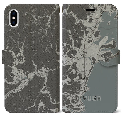 【日向（宮崎県）】地図柄iPhoneケース（手帳タイプ）モノトーン・iPhone XS Max 用