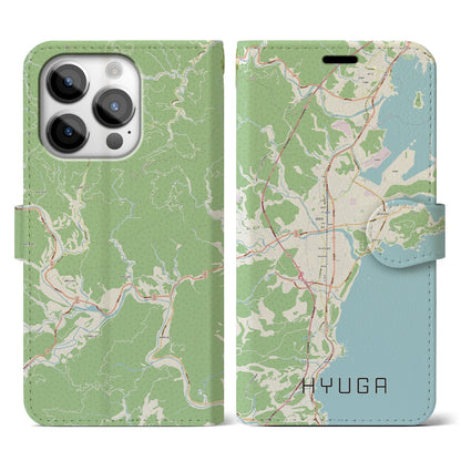 【日向（宮崎県）】地図柄iPhoneケース（手帳タイプ）ナチュラル・iPhone 14 Pro 用