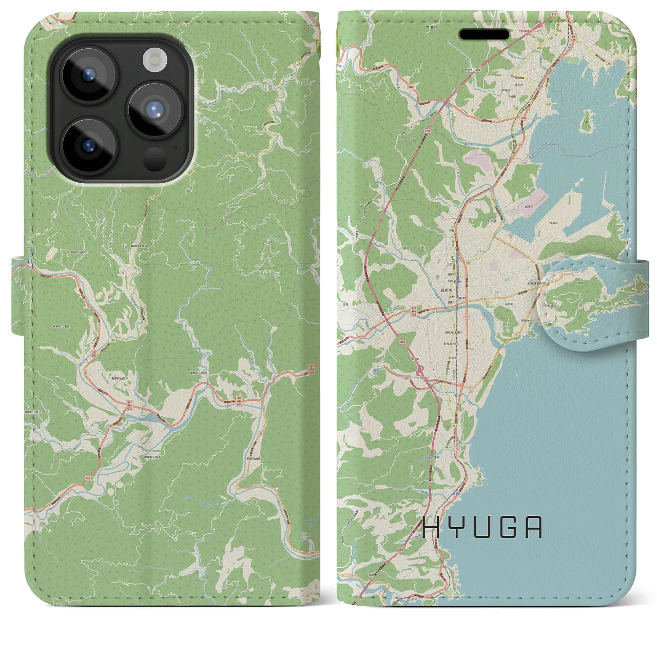 【日向（宮崎県）】地図柄iPhoneケース（手帳タイプ）ナチュラル・iPhone 15 Pro Max 用