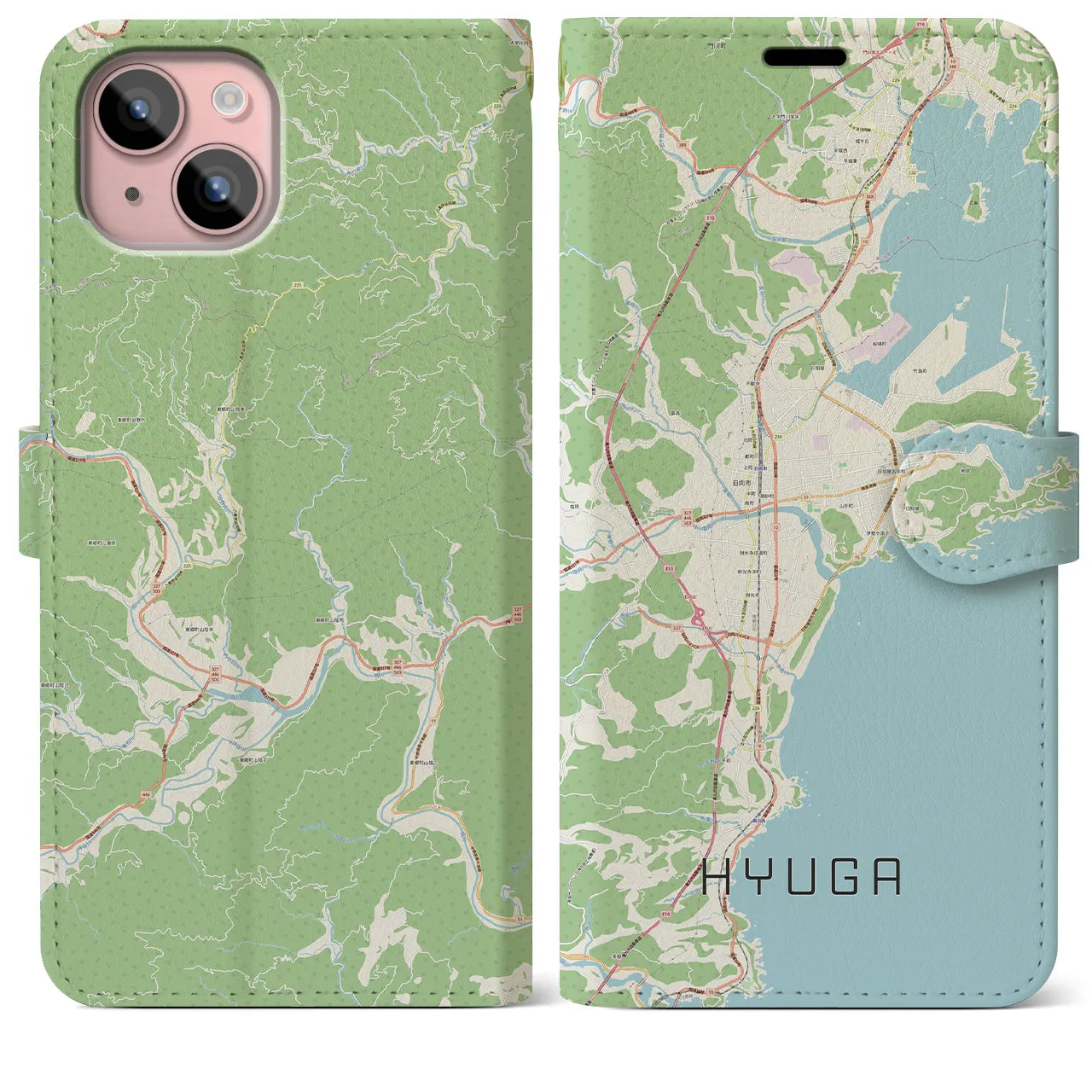 【日向（宮崎県）】地図柄iPhoneケース（手帳タイプ）ナチュラル・iPhone 15 Plus 用