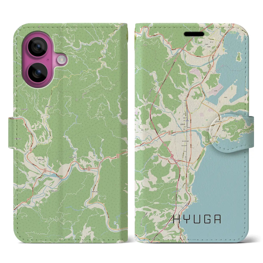 【日向（宮崎県）】地図柄iPhoneケース（手帳タイプ）ナチュラル・iPhone 16 Pro 用