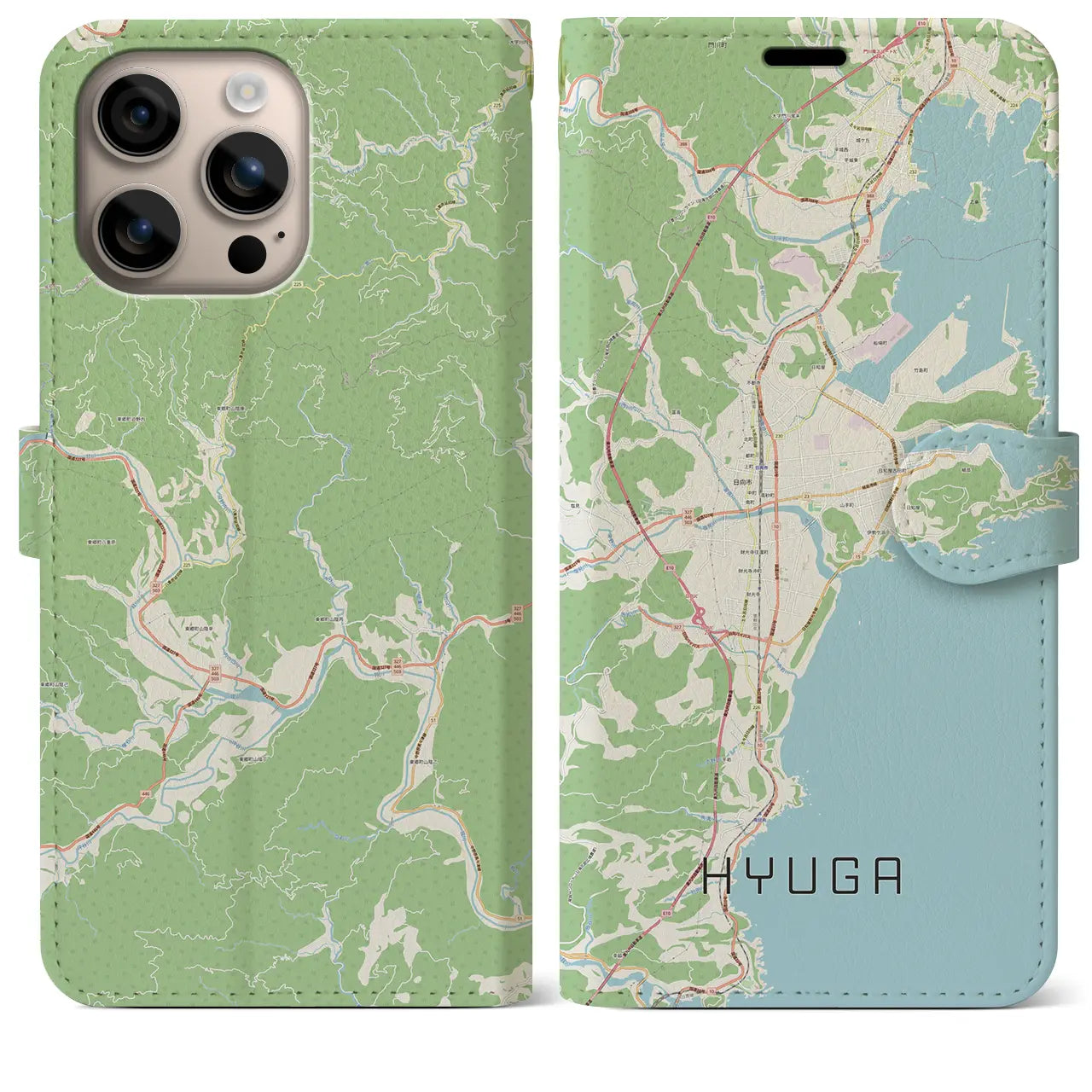 【日向（宮崎県）】地図柄iPhoneケース（手帳タイプ）ナチュラル・iPhone 16 Plus 用