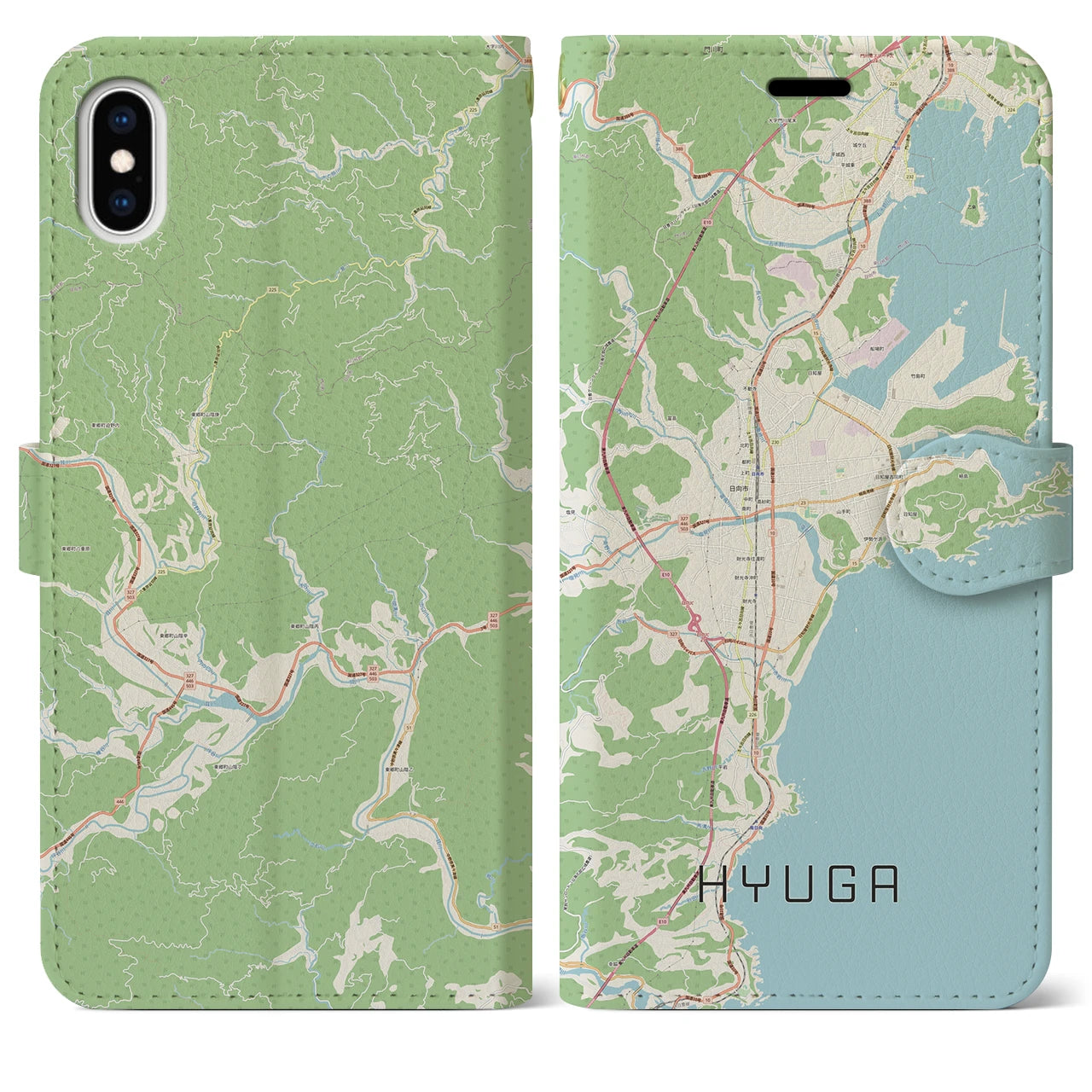 【日向（宮崎県）】地図柄iPhoneケース（手帳タイプ）ナチュラル・iPhone XS Max 用