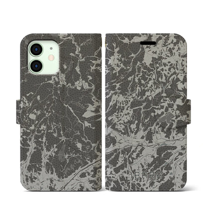 【井原（岡山県）】地図柄iPhoneケース（手帳タイプ）モノトーン・iPhone 12 mini 用
