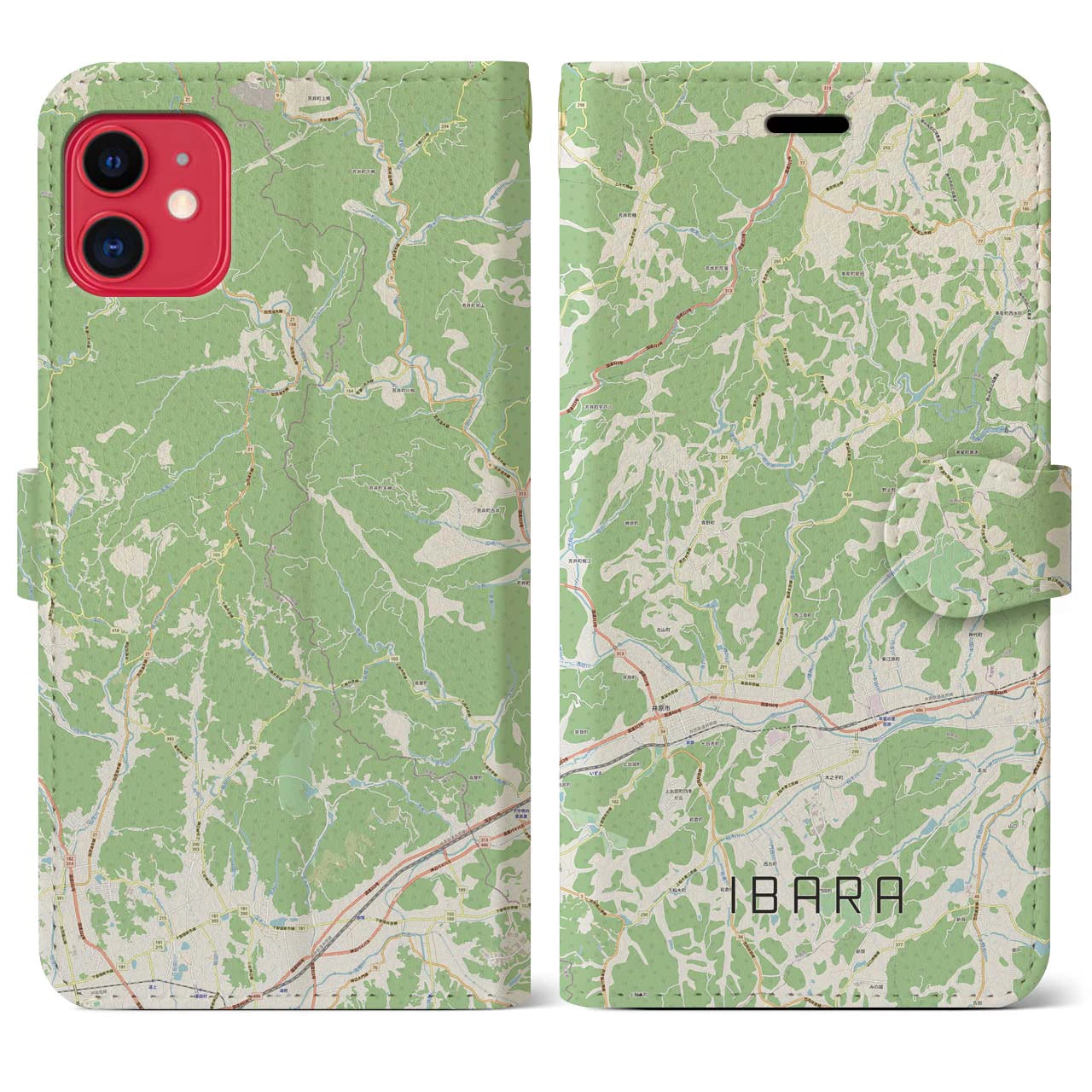 【井原（岡山県）】地図柄iPhoneケース（手帳タイプ）ナチュラル・iPhone 11 用