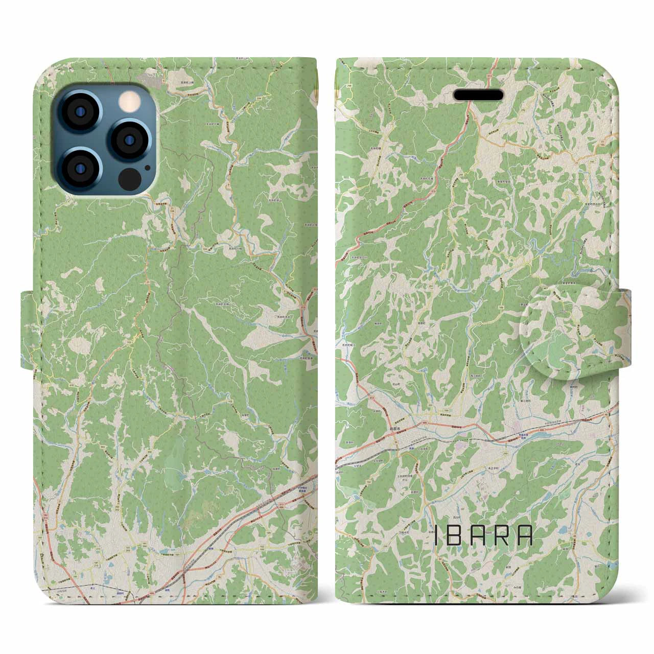 【井原（岡山県）】地図柄iPhoneケース（手帳タイプ）ナチュラル・iPhone 12 / 12 Pro 用