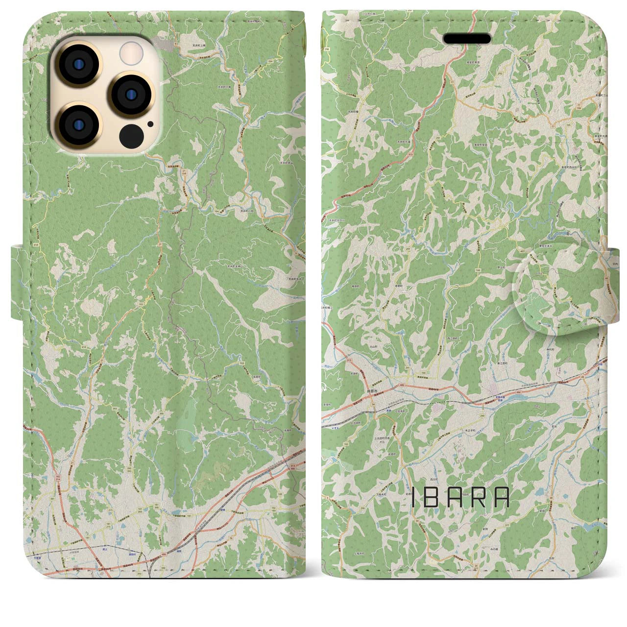 【井原（岡山県）】地図柄iPhoneケース（手帳タイプ）ナチュラル・iPhone 12 Pro Max 用