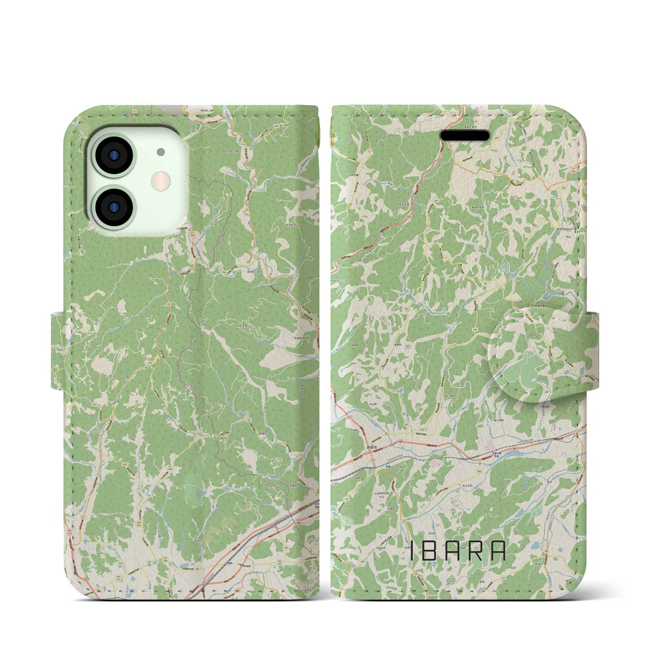 【井原（岡山県）】地図柄iPhoneケース（手帳タイプ）ナチュラル・iPhone 12 mini 用