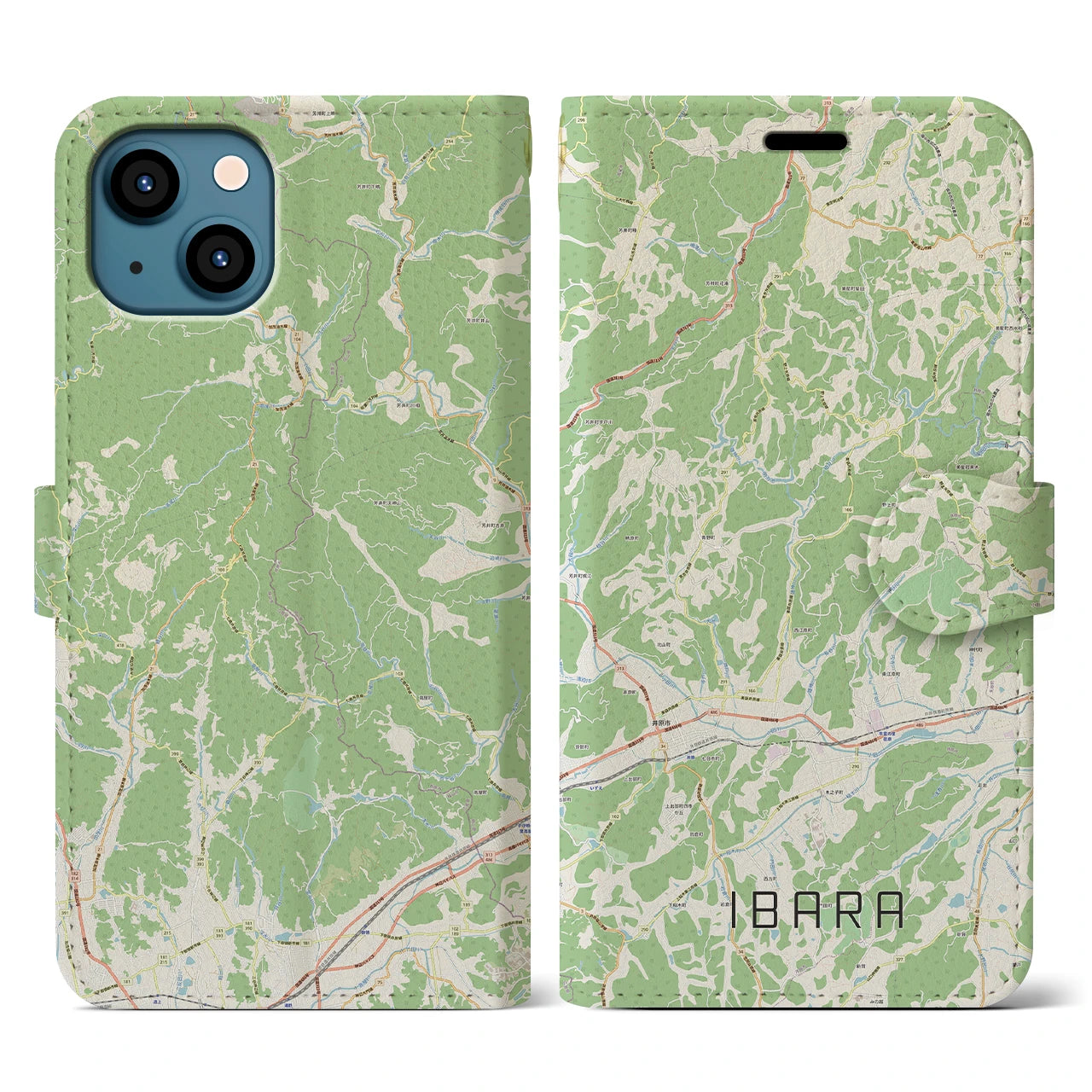 【井原（岡山県）】地図柄iPhoneケース（手帳タイプ）ナチュラル・iPhone 13 用