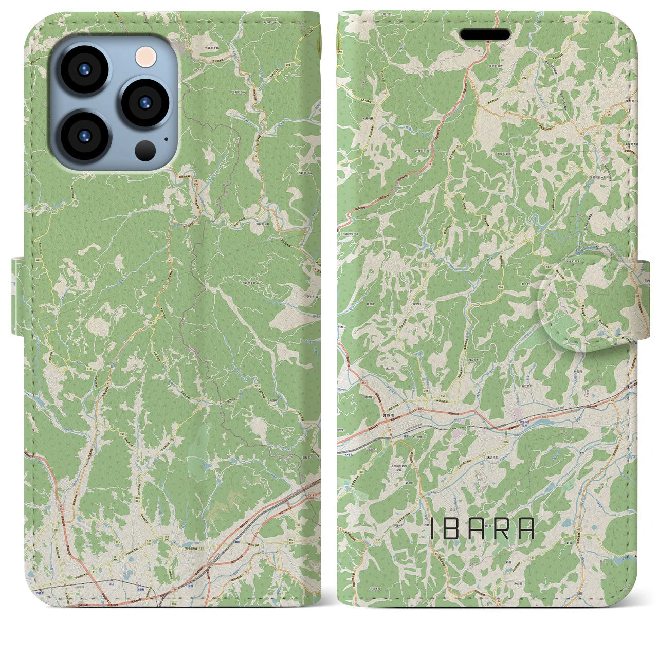 【井原（岡山県）】地図柄iPhoneケース（手帳タイプ）ナチュラル・iPhone 13 Pro Max 用