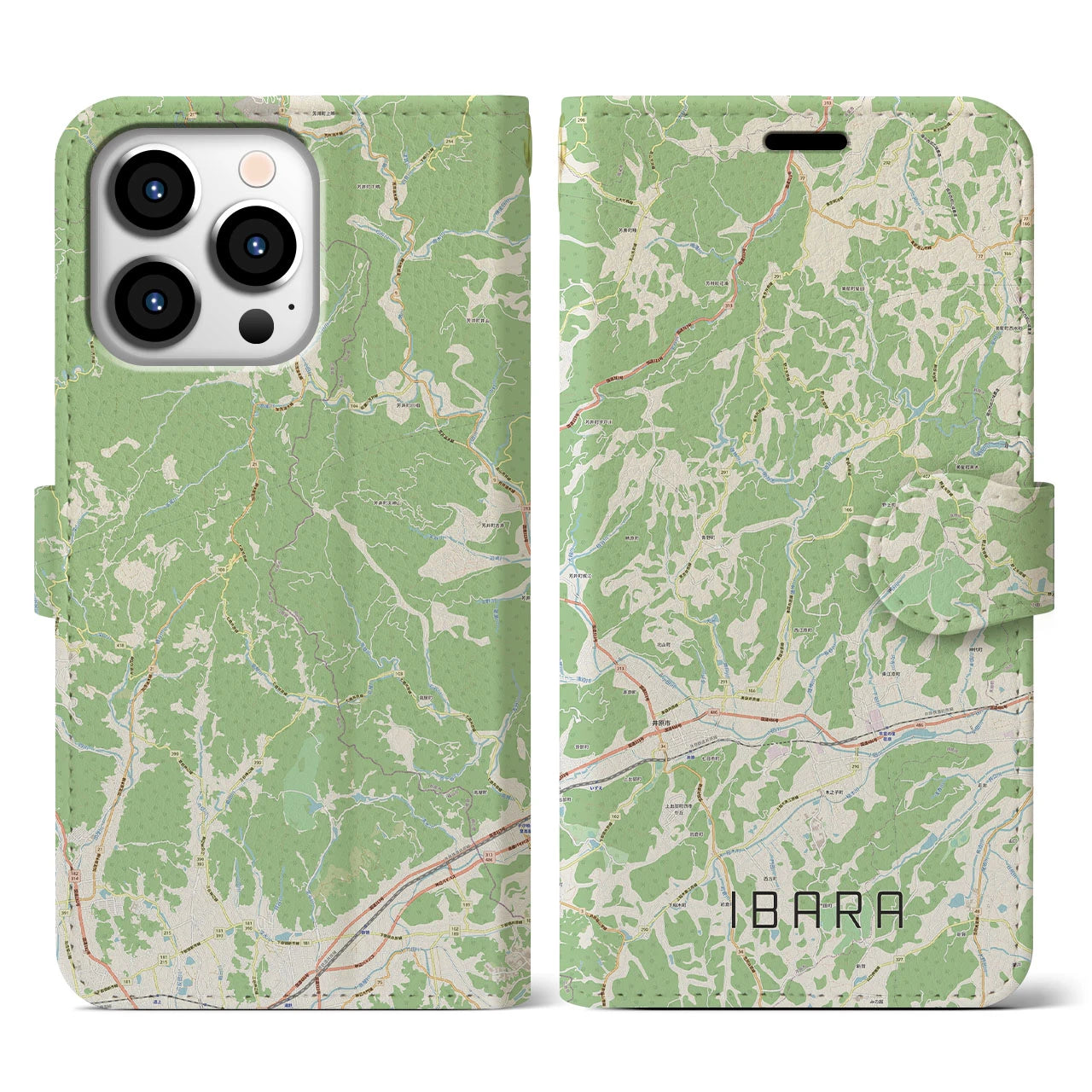 【井原（岡山県）】地図柄iPhoneケース（手帳タイプ）ナチュラル・iPhone 13 Pro 用