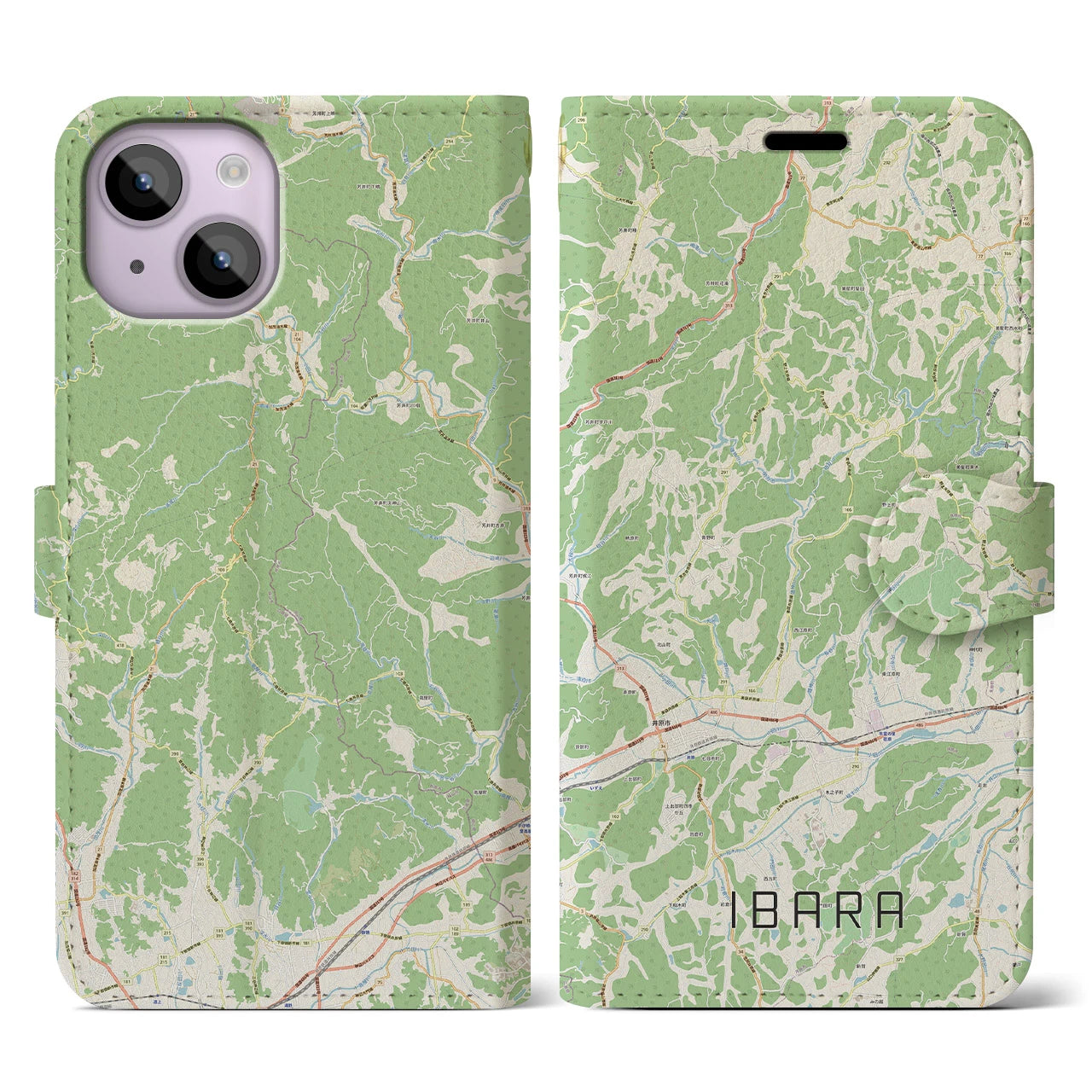 【井原（岡山県）】地図柄iPhoneケース（手帳タイプ）ナチュラル・iPhone 14 用