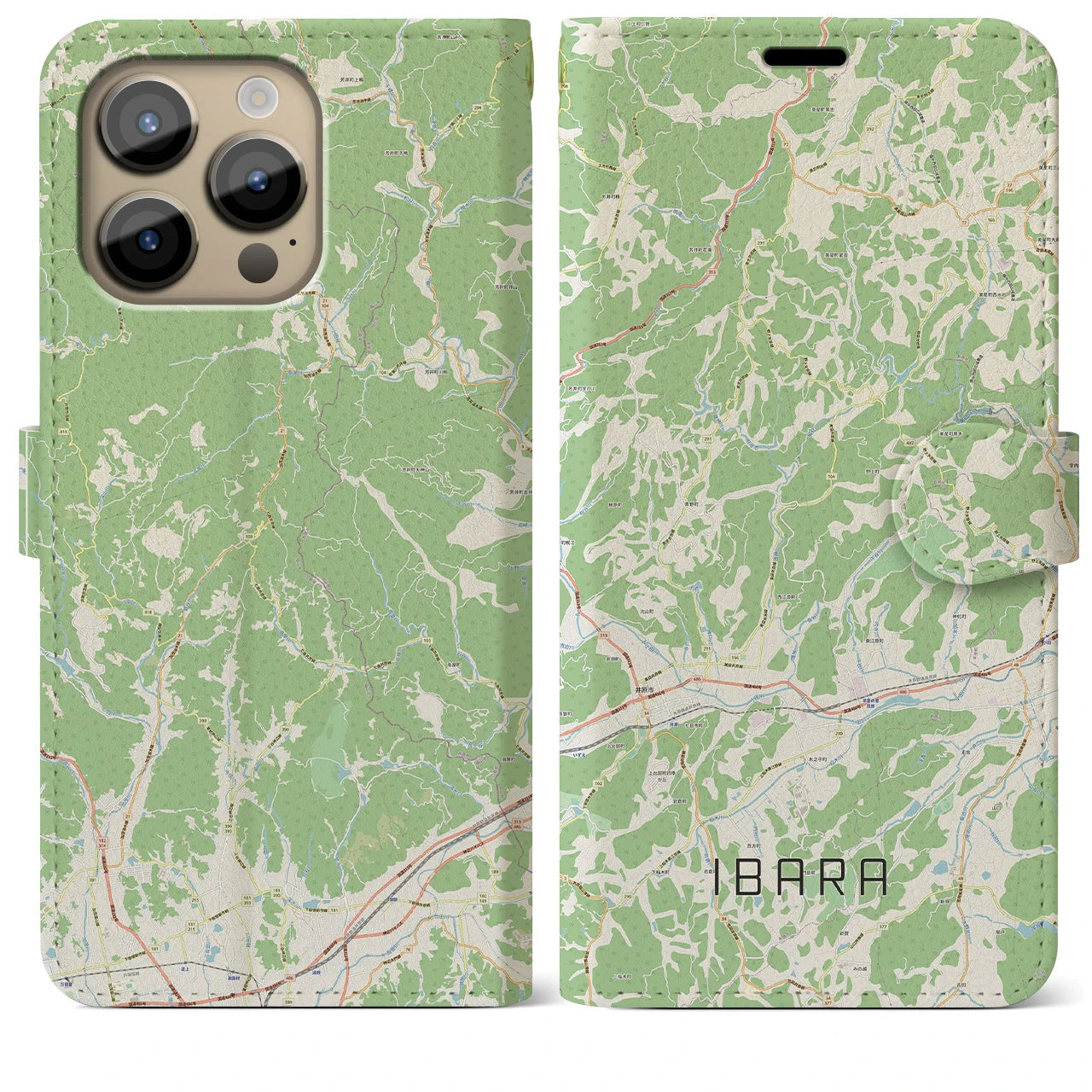 【井原（岡山県）】地図柄iPhoneケース（手帳タイプ）ナチュラル・iPhone 14 Pro Max 用